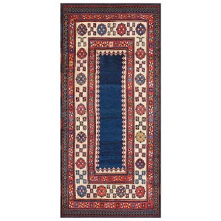 1880s Blue Geometric Tribal Antique Caucasian Talish Rug 3'4" X 7'2" Handknotted Wool Carpet For Sale