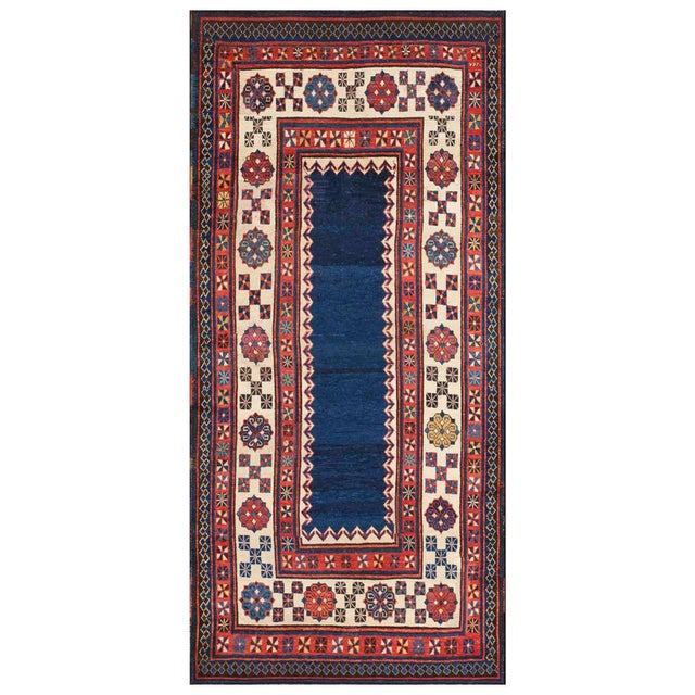 1880s Blue Geometric Tribal Antique Caucasian Talish Rug 3'4" X 7'2" Handknotted Wool Carpet For Sale