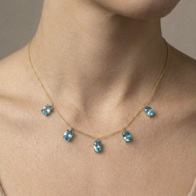 Contemporary Swiss Blue Topaz Station Necklace | 925 Sterling Silver Dangling Gemstone Necklace For Sale - Image 3 of 4