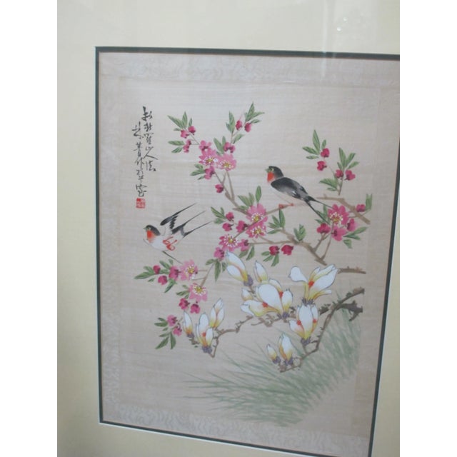 Early 20th Century Chinese Cherry Flower Blossoms & 2 Birds on Branches Framed Painting on Cloth For Sale - Image 5 of 6
