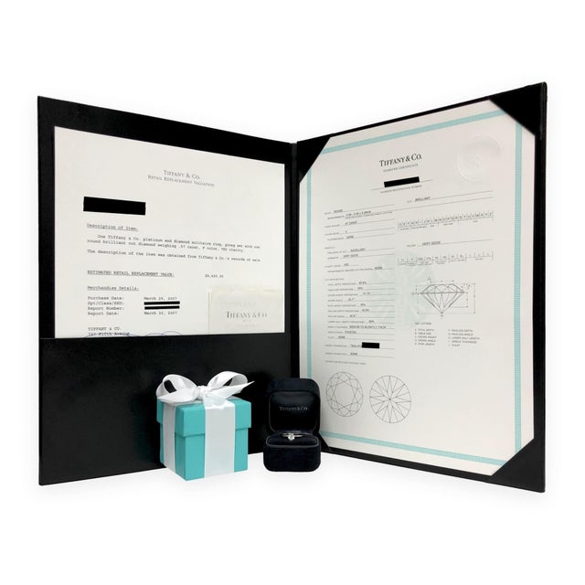 Tiffany & Co. Platinum .57 Ct F Vs2 Diamond Solitaire Engagement Ring W/Papers, Size 7 For Sale - Image 9 of 12