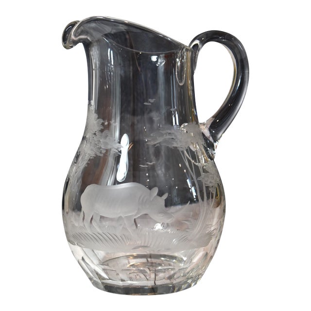 Mid 20th Century Kenyan-African by Queen Lace Large Rino Crystal Pitcher 62 Oz Safari Lover For Sale