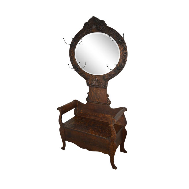 Antique Victorian Oak Hall Tree Mirror Back Bench Chairish