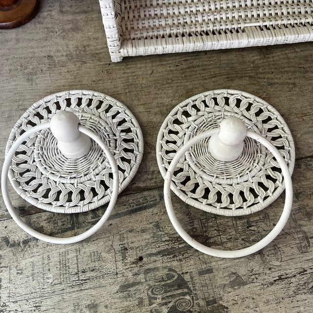 Vintage White Wicker Bathroom Set | Shelf Towel Rings Wastebasket | Rustic Boho Cottagecore Decor For Sale - Image 4 of 8