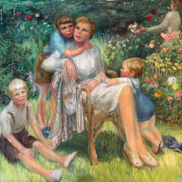 Impressionist 1960s Impressionist Oil Painting: Listed Maine Artist Emily Muir (1904–2003) Large Figural Garden Scene With Mother and Children, Oil on Canvas For Sale - Image 3 of 8