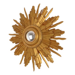 Vintage Convex Sunburst Mirror in Gilt Wood, 1950s For Sale