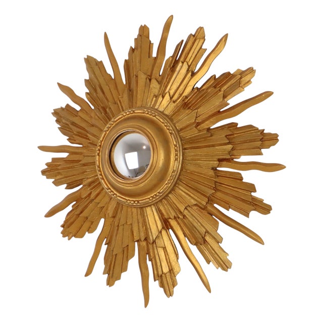 Vintage Convex Sunburst Mirror in Gilt Wood, 1950s For Sale