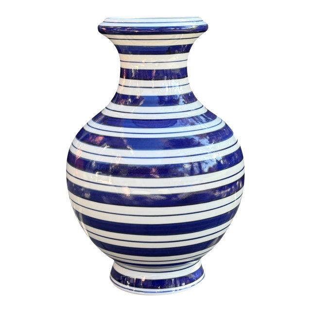 Large Contemporary Blue and White Striped Porcelain Vase For Sale