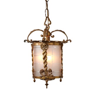 Early 20th Century Figurative Spanish Brass and Etched Glass Three Cluster Pendant Light For Sale