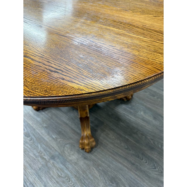 Vintage 48 Inch Round Quarter Sawn Oak Lion Paw Claw Foot Pedestal Dining Table For Sale - Image 15 of 16