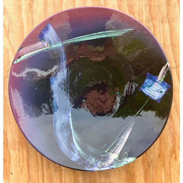 Add an artistic flair to your collection with this stunning vintage postmodern glazed ceramic plate. The hand-painted...