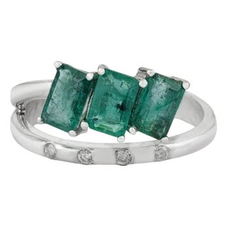 925 Silver Three-Stone Emerald Ring With Diamond Accents, Size 8.5 For Sale