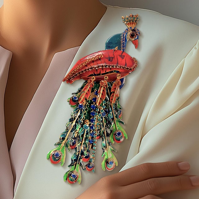 1990s Lunch at the Ritz, Rare Handcrafted Peacock Pin Brooch Pendant With Crystals For Sale - Image 4 of 10