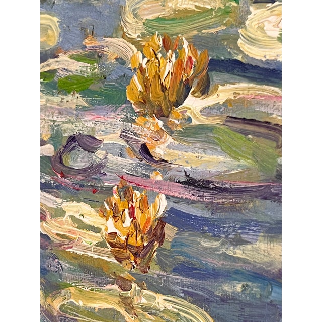 1980s Signed Oil Painting, Style of Monet's Water Lilies With Gold Ornate Frame For Sale - Image 16 of 18