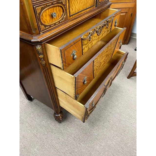 Wood Antique 1930's Bedroom Highboy Dresser Chest of Drawers, Hand Carved Walnut, Burl Inlay For Sale - Image 7 of 13