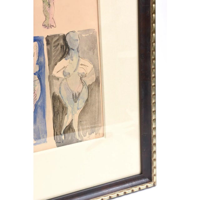 Wood Vintage Signed Watercolo Rby Chamberlain, Style of George Condo, Museum Custom Framed For Sale - Image 7 of 9