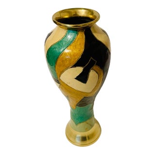 Vintage 1930s Dutch Art Deco Brass & Hand-Painted Enamel Vase – Metawa Style For Sale