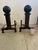 Pair of very large gutsy antique black iron cannonball andirons. Circa 1910 24” H x 14” W x 22” D