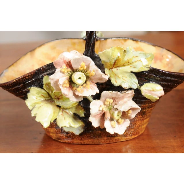 French Ecole de Fontainebleau Barbotine Jardinière Basket with Floral Décor For Sale - Image 9 of 12