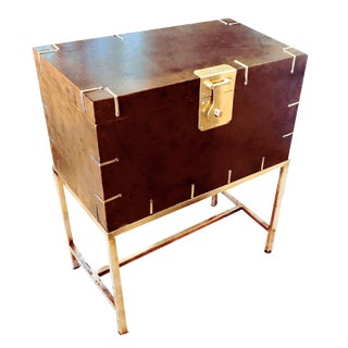 Vintage Burl Wood & Brass Bound Campaign Keepsake Locker With Brass Plated Stand For Sale