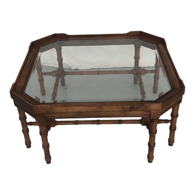 British Colonial Hollywood Regency Chinoiserie Chippendale Palm Beach Faux Bamboo Coffee Table With Glass Top And Tray Edges Chairish
