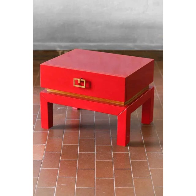 China Red Bedside Tables with Brass Details from the 1970s, Set of 2, in Very Good conditions. Designed 1970 to 1979
