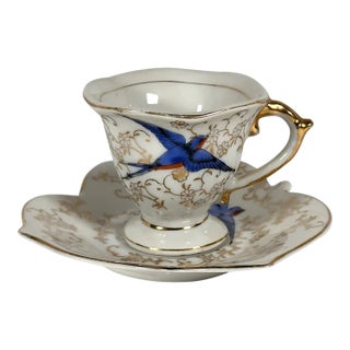 Mid 20th Century Japanese Blue Bird Swallow Demitasse Cup & Saucer For Sale