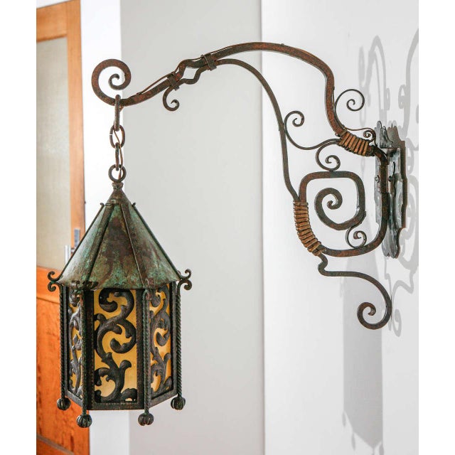 Early 20th Century Large Decorative Iron & Brass Exterior Sconce With Extended Mounting Bracket For Sale - Image 10 of 10