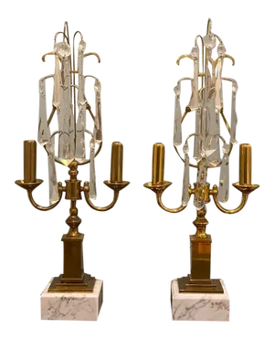 Vintage Early 20th Century Crystal Girandoles Mantle Lamps - a Pair