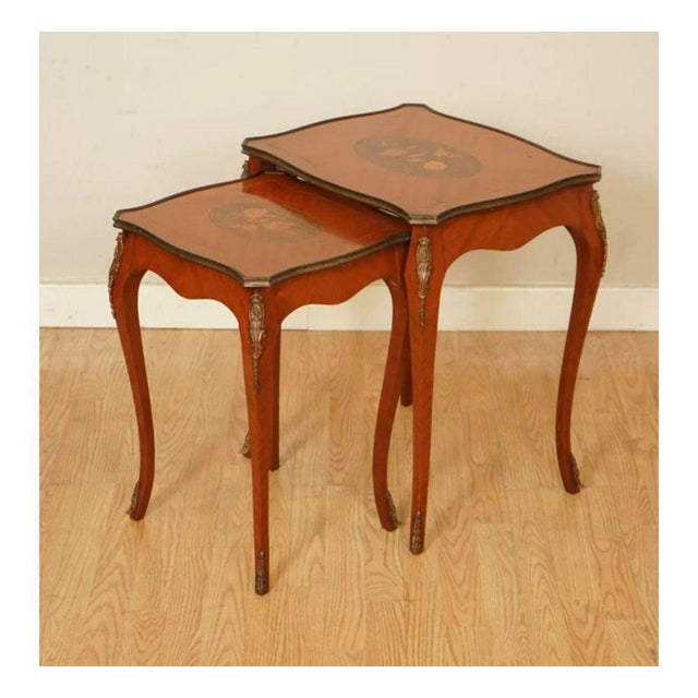 Vintage French Inlaid Parquetry Nesting Tables, Set of 2 For Sale - Image 3 of 11