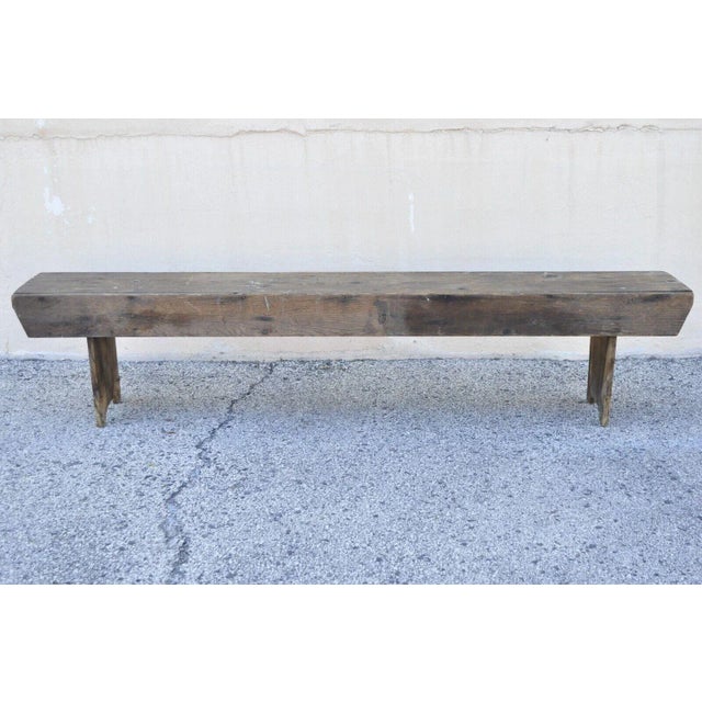 Antique French Country Primitive Distressed Wood Plank 86" Long Bench. Item features solid wood construction, beautiful...