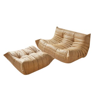 Camel Brown Leather Togo Pouf and Loveseat by Michel Ducaroy for Ligne Roset, Set of 2 For Sale