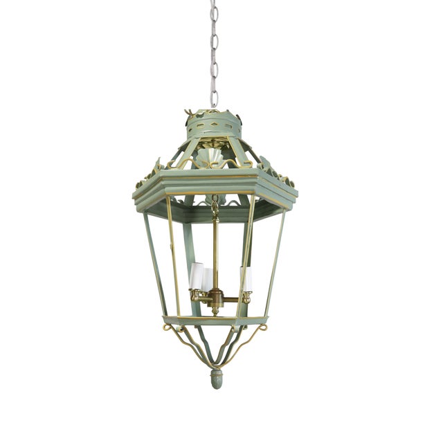 Celadon A Vintage “Visual Comfort” Style Iron Celadon Green Chandelier For Sale - Image 8 of 8