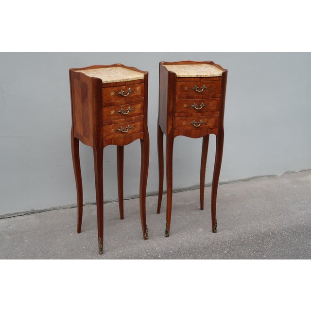 French Pair of French Antique Narrow Rosewood Inlaid Side Tables Nightstands For Sale - Image 3 of 13