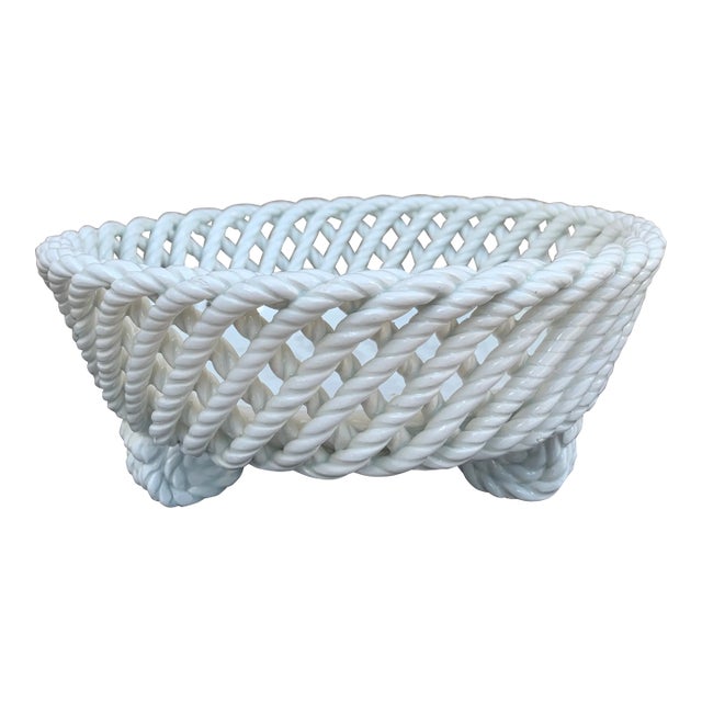 1960s French Country White Ceramic Woven Rope Cachepot Basket For Sale