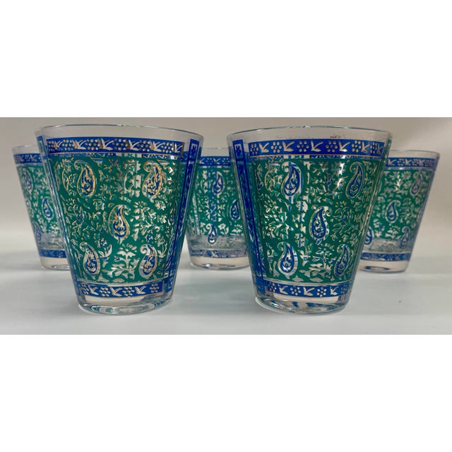 Georges Briard Vintage Georges Briard Gilt Green & Blue Paisley Glasses - Set of 5 For Sale - Image 4 of 8