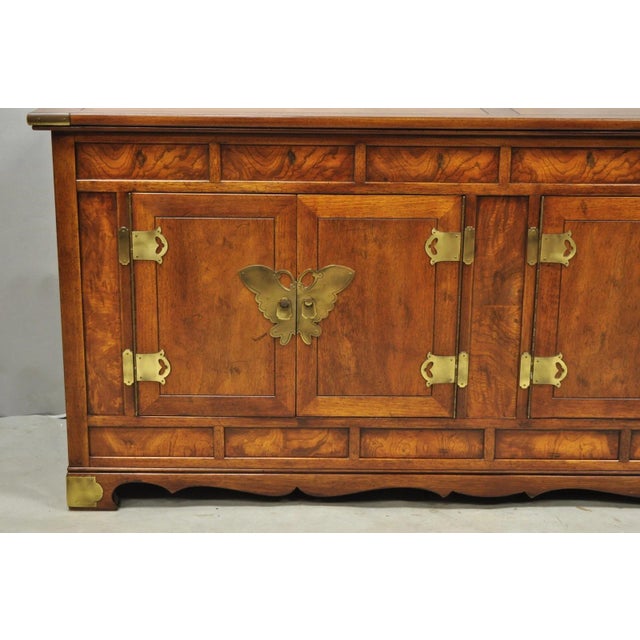 Henredon Vintage Henredon Chinoiserie Brass Butterfly Burl Wood Credenza Cabinet Buffet For Sale - Image 4 of 16