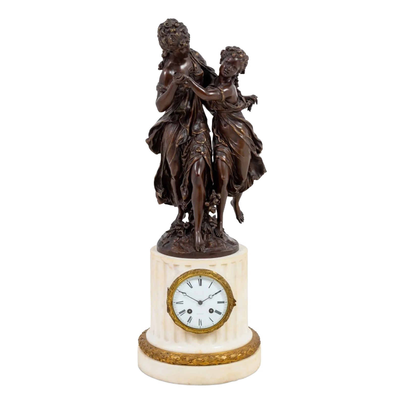 Mathurin Moreau Bronze & Marble Figural Clock | Chairish