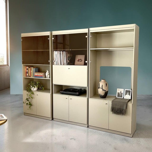 Mid-Century Modern Cream Laminate and Smoked Glass Three-Section Freestanding Wall Unit - 3 Piece Set For Sale - Image 11 of 13