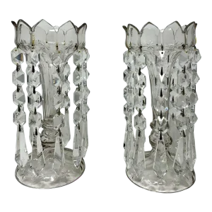 Antique Pair Irish Waterford Crystal Hand Cut Full Lead Lustres Vases Ireland