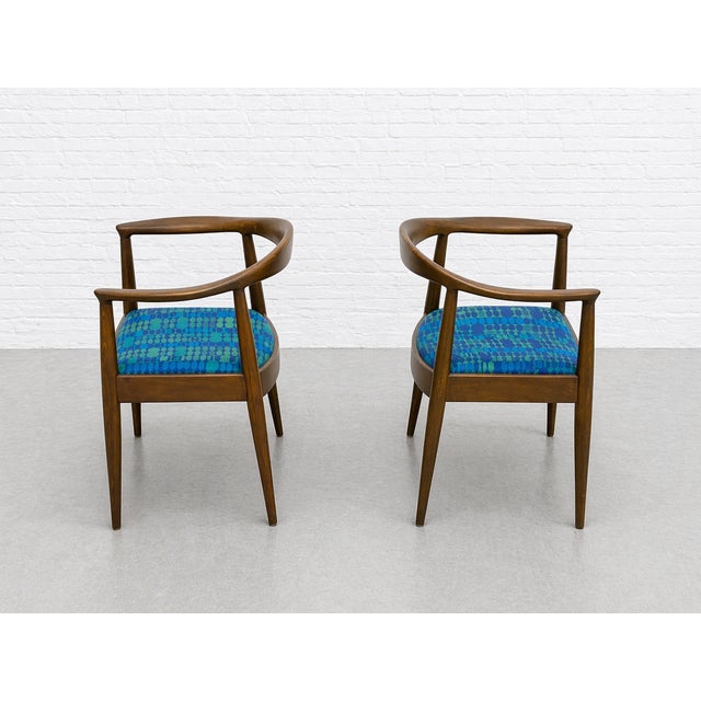 Vintage Mid Century Modern Walnut Lounge Chairs – Hans Wegner Style – Pair of Refinished and Reupholstered Armchairs, C. 1960's For Sale - Image 10 of 14