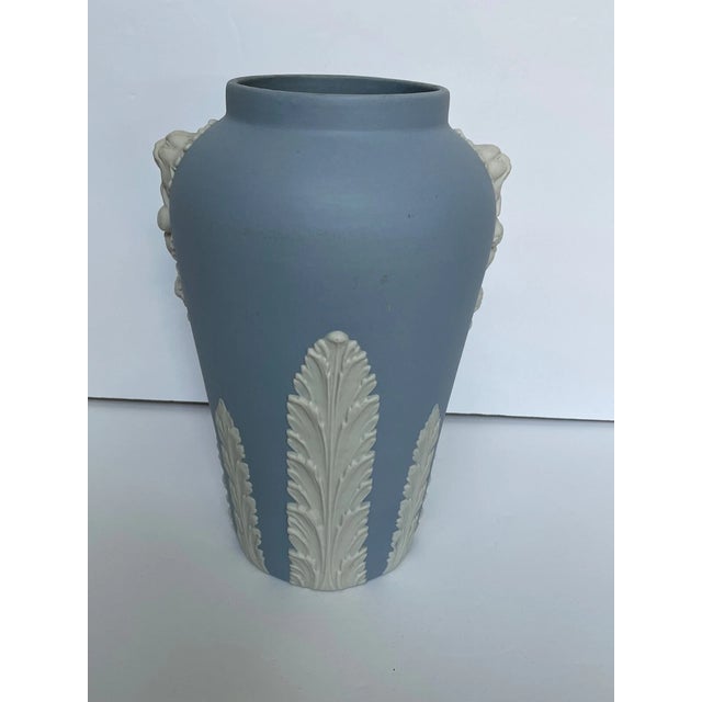 Ceramic Vintage Ecanada Jasperware Lion Motif Blue Vase For Sale - Image 7 of 7
