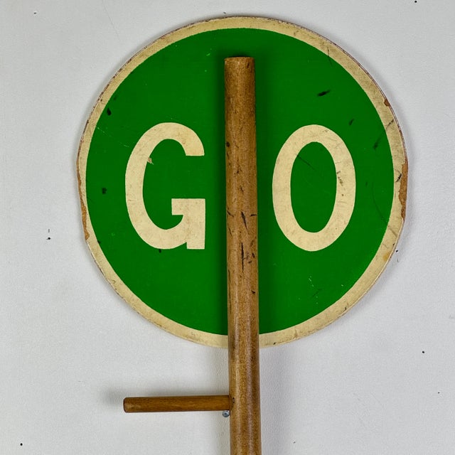 Mid 20th Century Vintage Double Sided Stop/Go Hand Held. Wooden Sign in Red & Green For Sale - Image 5 of 9