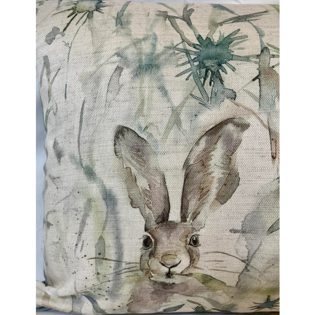 Large Bolster Pillow Decorated In A Muted Water Color Look Pattern Depicting Rabbit/Hares Hiding in Tall Brush - Made in U...