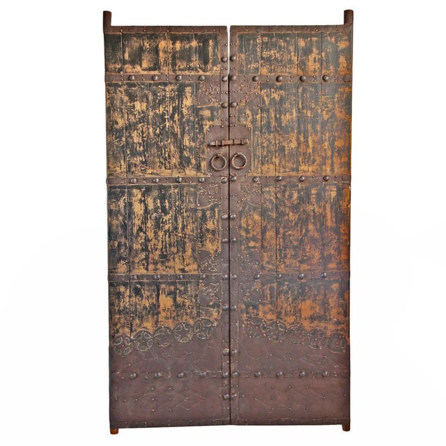 Old vintage elm wood Chinese entry / garden gate. Beautiful faded distressed wood patina with original iron work design...