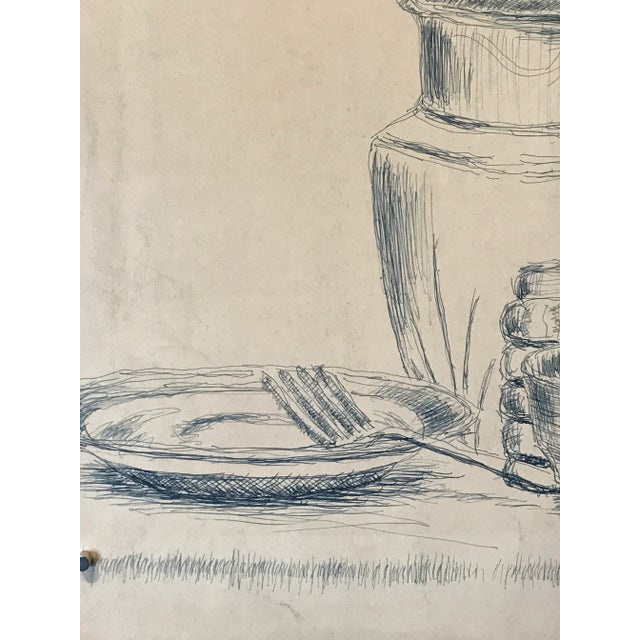 "Table Setting" 1960s Ink Drawing on Paper Original Still Life Mid Century Drawing For Sale - Image 4 of 5