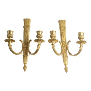 Pair of Vintage Neoclassical Style Gilt Bronze Two Light Wall Sconces For Sale
