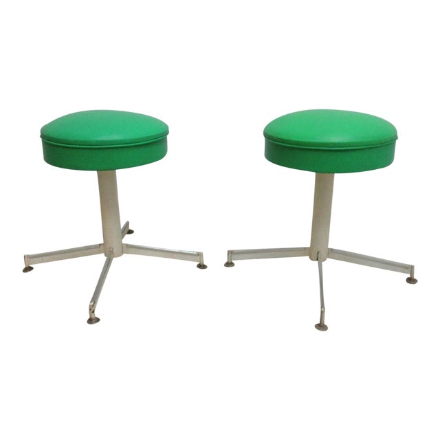 Mid-Century Revolving Green Button Footstools - A Pair For Sale