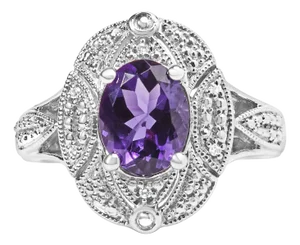 .925 Sterling Silver 9x7mm Oval Purple Amethyst and Diamond Accent Art Deco Style Cocktail Ring - Size 6
