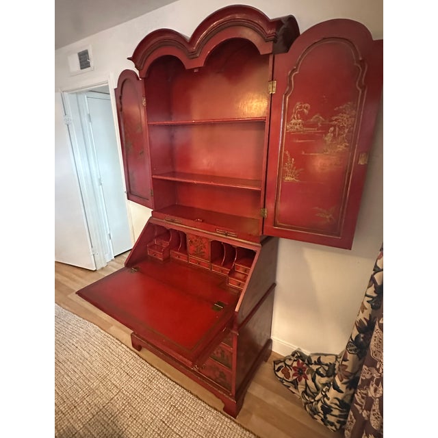 Chinoiserie Vintage Red Chinoiserie Secretary Desk With Hand-Painted Gilt Asian Landscapes & Double Bonnet Top For Sale - Image 3 of 15